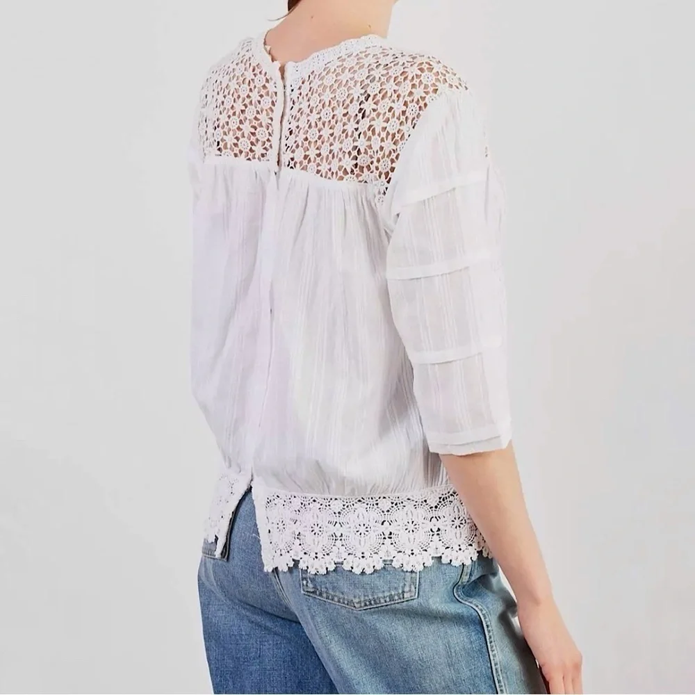 Maje Crochet Lace Yoke Button Back Cotton Top Ivory Small